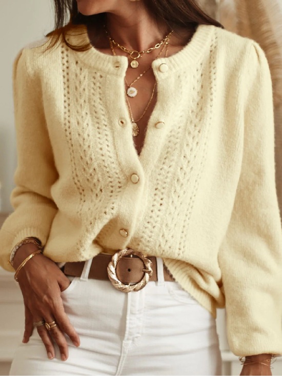 RIHOAS Sweaters - RIHOAS Yellow Round Neck Hip Knit Cardigan